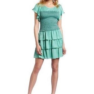 BCBGMaxAzria LARRA LIGHT AQUA SMOCKED RUFFLE DRESS